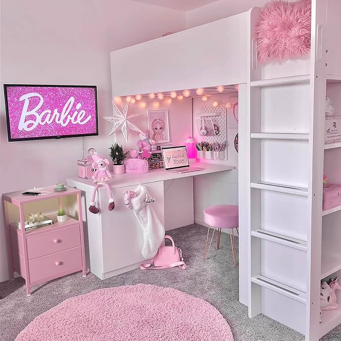 BOLUO Pink Nightstand with Charging Station, LED Night Stand with 2 Fabric Drawers, Bedside Table with USB Ports and Outlets, Nightstand for Bedroom Modern