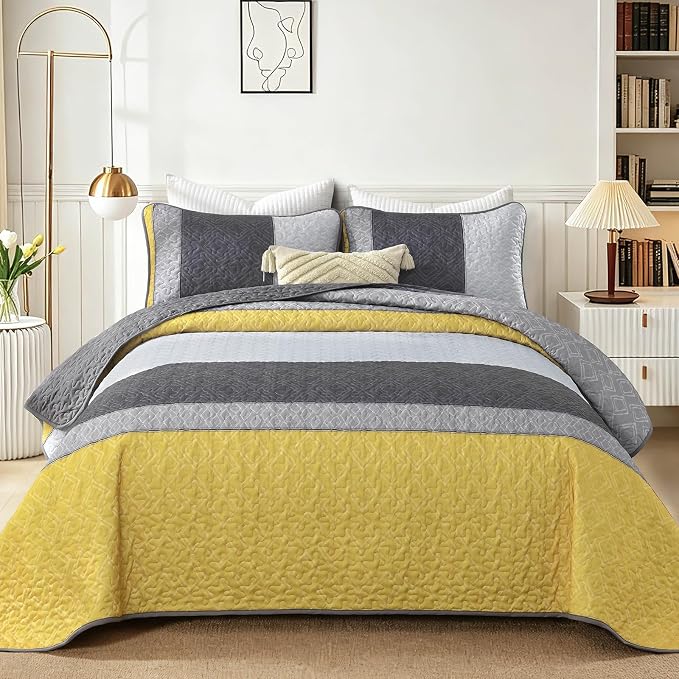 Cottolester Boho King Size Quilt Set,Yellow Grey Striped Bedsperad Coverlet | Lightweight Coverlet Set with 2 PillowShams,All Seasons Microfiber Quilt Bedding Sets for Bedroom Guest Room 110"x90"