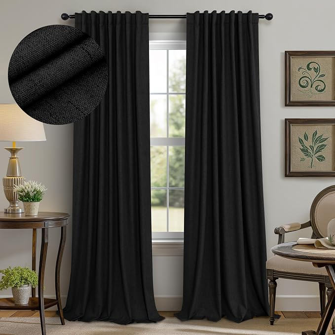 Pitalk Black Out Curtains 108 Inch Long 2 Panels Gothic Elegant Modern Linen Textured Drapes for Living Room Darkening Summer Heat Winter Cold Blocking 100% Blackout Curtain Window 108 Length Back Tab