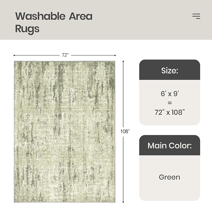 6x9 Area Rugs, Abstract Large Washable Rugs for Living Room, Green | Soft & Lighweight, Folable, Stain Resistant Low Pile Thin Indoor Distressed Carpet Rugs for Bedroom,Laundry Room,Kitchen