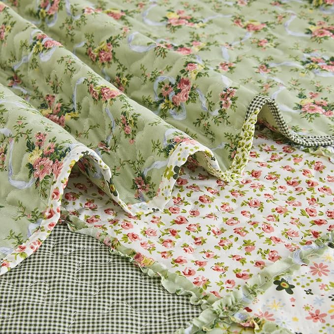 Oversized King Size Quilt Set 128x120 Green Floral Patchwork Bedspread Set | 3-Piece Extra Wide Super King Size Bedding Set Rversible Quilted Coverlet Lightweight Comforter Bed Cover with 2 Pillowcases