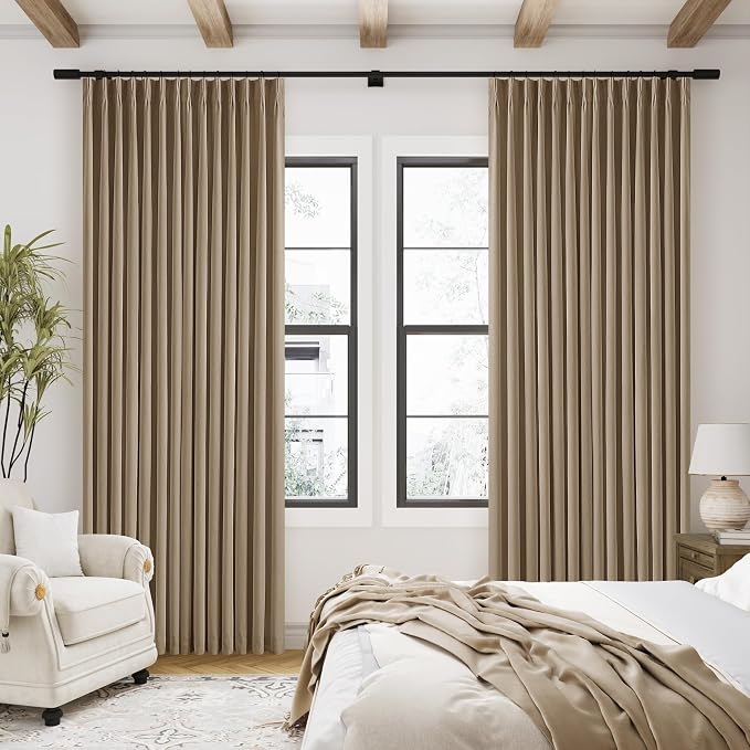 Light Brown Pinch Pleated 100% Blackout Linen Bedroom 96 Inch Curtains | Double Layer Curtains, Pinch Pleat Rings Hooks Back Tab, Black Out Room Darkening, Memory Shape, for Living Room, 2 Panels