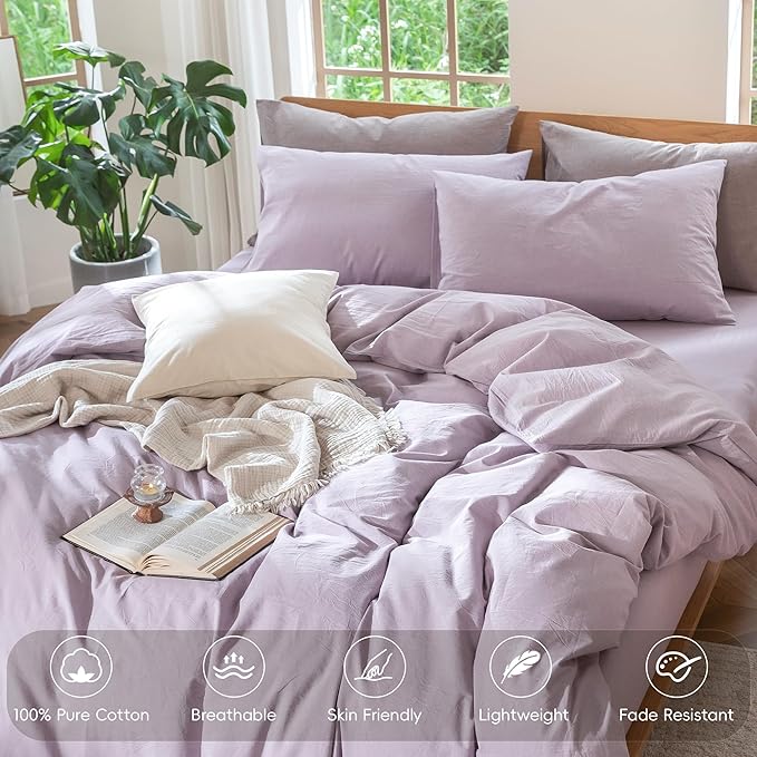 MooMee Duvet Cover Set 100% Washed Cotton Linen Like Queen | Relaxed Linen-like Texture. Soft, Breathable & Long-lasting Comfort. Lightweight. Hidden Zipper with 8 Interior Corner Ties