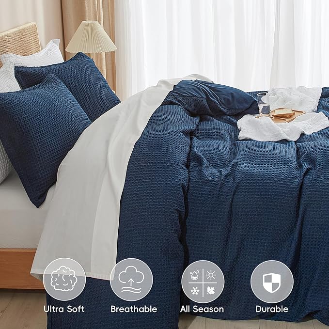 PHF Waffle Duvet Cover California King,Soft Breathable,104"x98",Navy Blue | 300GSM Fabrie，No Snagging Textured Honeycomb Comforter Cover for All Season 3pcs, Durable Bedding Duvet Set, Home Decor Gift
