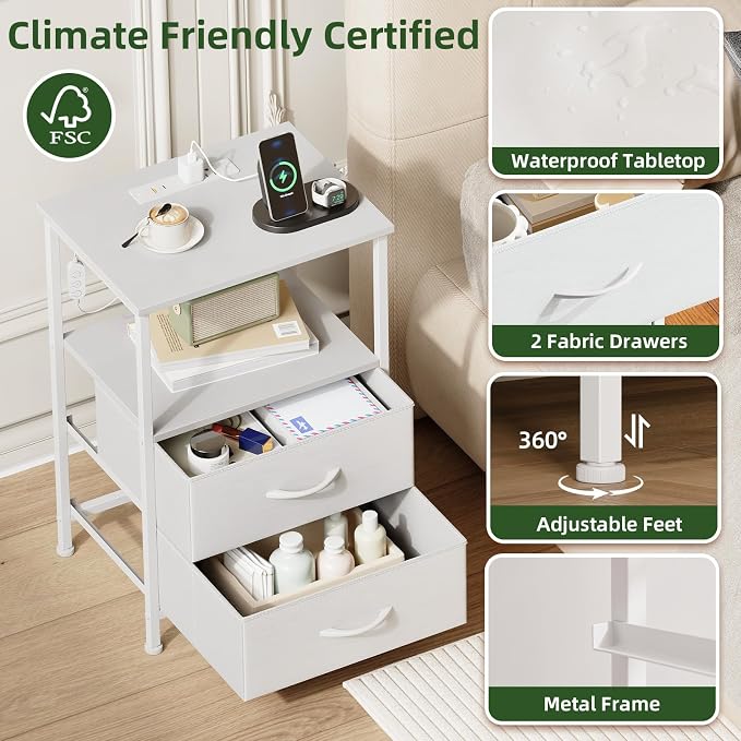Somdot Nightstand with 2 Drawers, Charging Station & LED Light | Fabric-Bin Dresser for Bedroom, Bedside, Kids Room, Dorm, Closet, Laundry and Entryway, White