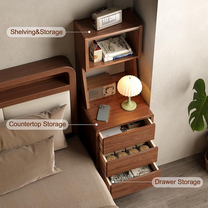 Solid Wood Bookshelf Nightstand Combo, Tall Nightstand with Bookshelf | Walnut Nightstand Bookshelf,Narrow Nightstand with Drawers,Open Shelf Bookcase,for Bedroom,Living Room,Offices