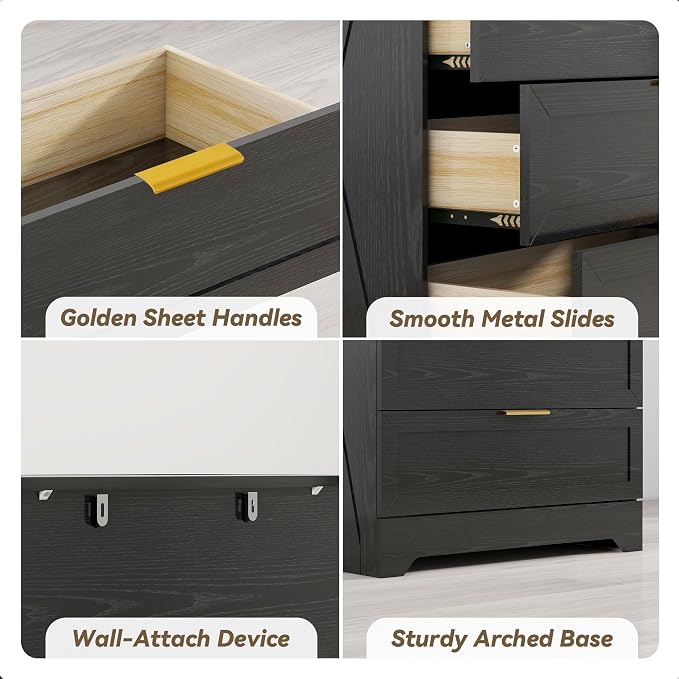 FTZxHKLX Modern Wide Wooden Chest of Drawers, Dresser for Closet, Black | Deep Drawer Dresser with Rose Gold Handles, Small Nursery Dresser with Anti-Tip Design for Living Room, Children's Room
