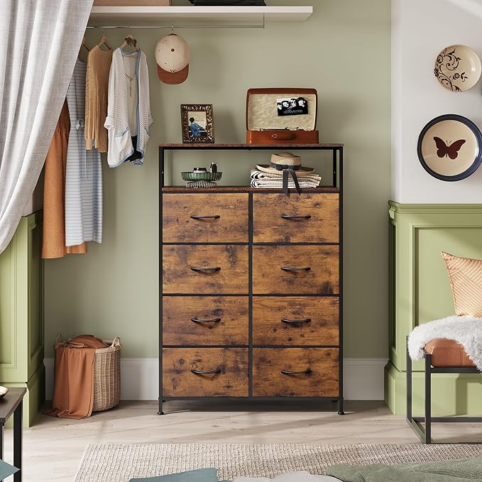 WLIVE Fabric Dresser for Bedroom with Open Shelves, Tall Dresser with 8 Drawers, Storage Tower with Fabric Bins, Chest of Drawers for Closet, Hallway, Rustic Brown Wood Grain Print | 8 fabric drawers plus open shelves, steel frame with wood top, great ...
