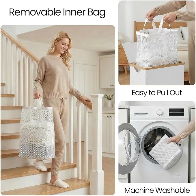 efluky Slim Laundry Basket with Lid, Narrow Laundry Hamper with Removable Bag, Skinny Dirty Clothes Basket with Bamboo Handles for Bathroom, Bedroom & Laundry Room, 75L White