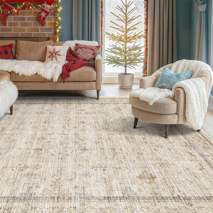 Washable Ivory 6x9 Living Room Rug, Non Slip Dinning Rugs for Under Table, Low Pile Neutral Farmhouse Retro Foldable Carpet for Bedroom, Office