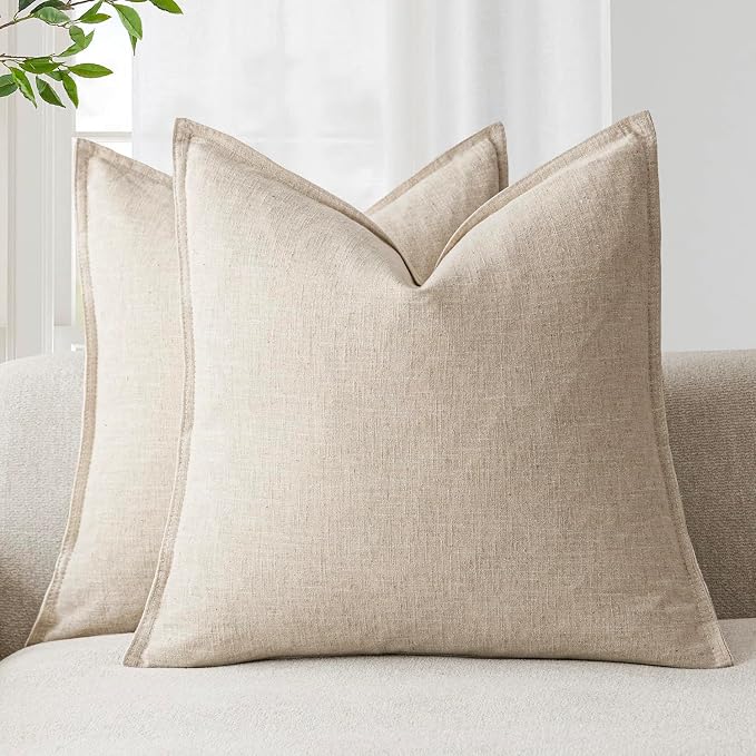 Foindtower Linen Solid Decorative Throw Pillow Covers 18x18 Natural Beige | Pack of 2 Boho Farmhouse Neutral Pillowcase,Soft Euro Accent Cushion Covers,Home Decor for Bed Couch Sofa Bedroom Living Room