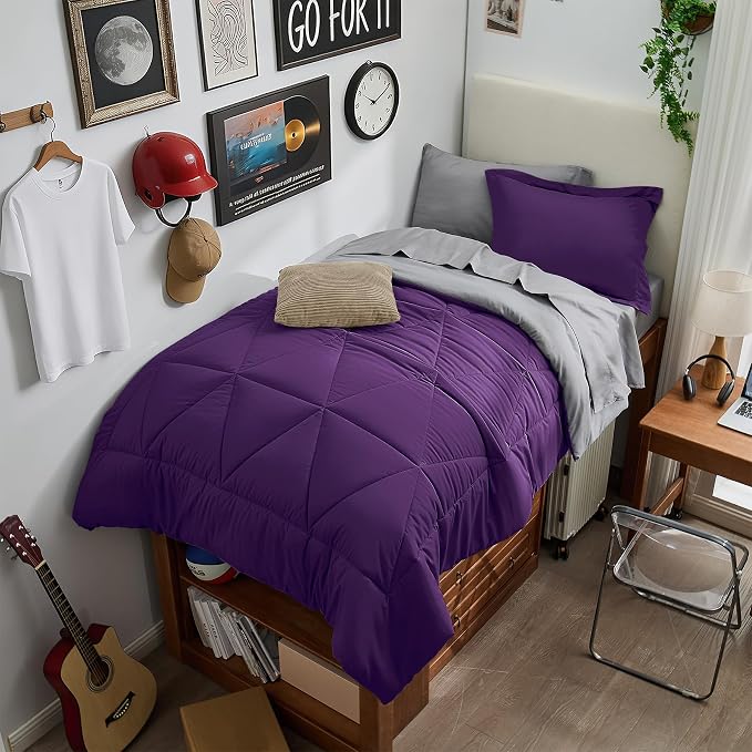 BEDELITE Twin XL Comforter Set 5 Pieces, Reversible Purple Bed in A Bag | Soft All Season Down-Alternative Comforter, Sheets, Pillowcases & Shams, OEKO-TEX Certified Bedding for Drom Room, College