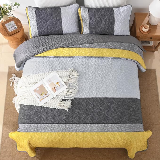 Cottolester Boho King Size Quilt Set,Yellow Grey Striped Bedsperad Coverlet | Lightweight Coverlet Set with 2 PillowShams,All Seasons Microfiber Quilt Bedding Sets for Bedroom Guest Room 110"x90"