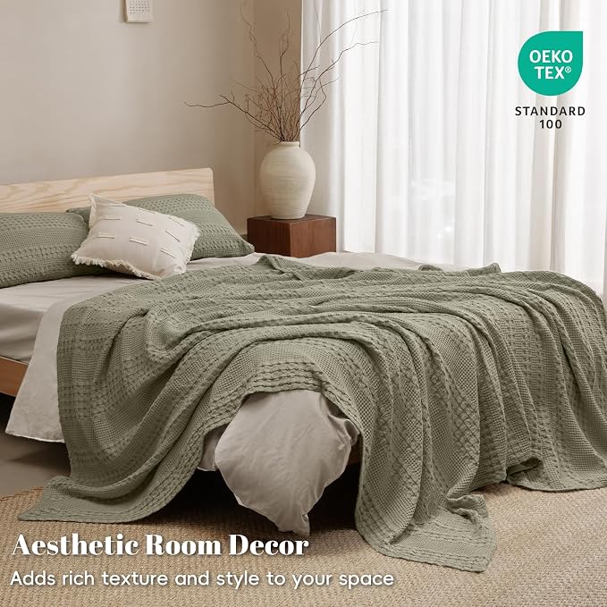 PHF Lightweight 100% Cotton Waffle Blanket for Bed, Queen, Dusty Sage | Pre-Washed Soft Cotton Comfort, Breathable Layering Warmth for Fall & Winter, Bed, Sofa, Couch, Home Decor & Gifts