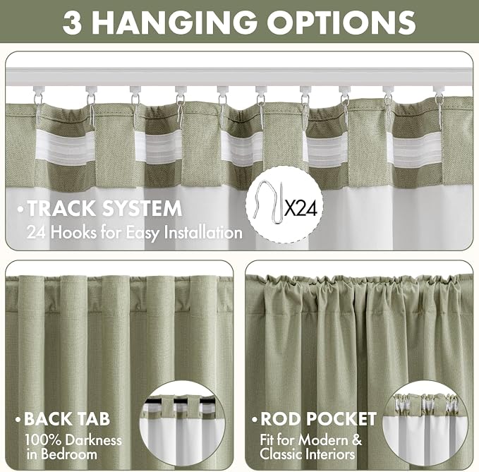 MIULEE 100% Blackout Linen Curtains for Bedroom 40W x 108L Sage Green | 2 Panels, 108 inches Long, Thermal Insulated, Room Darkening, Black Out Drapes for Living Room, Back Tab Rod Pocket