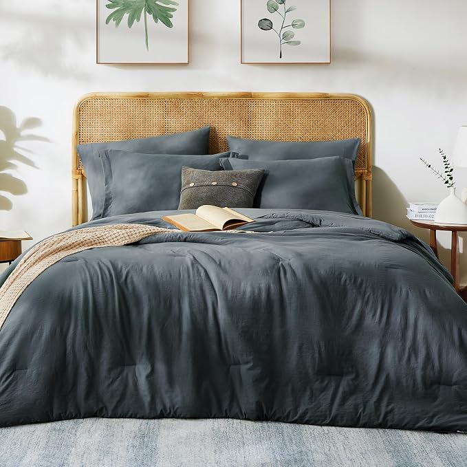 Queen Comforter Set-7 Pieces Soft Prewashed Bed in a Bag Queen Bedding Sets | All Season Comforter with Sheets, Pillow Shams & Pillowcases,Blue Grey