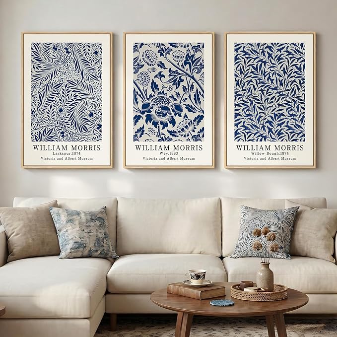 Large Framed William Morris Blue Canvas Wall Art for Living Room, 3 Piece | Fine art, Botanical, Floral, Nature, Aesthetic, Navy blue, Easy to hang, Waterproof, Bedroom/Office/Hallway/Wall decor