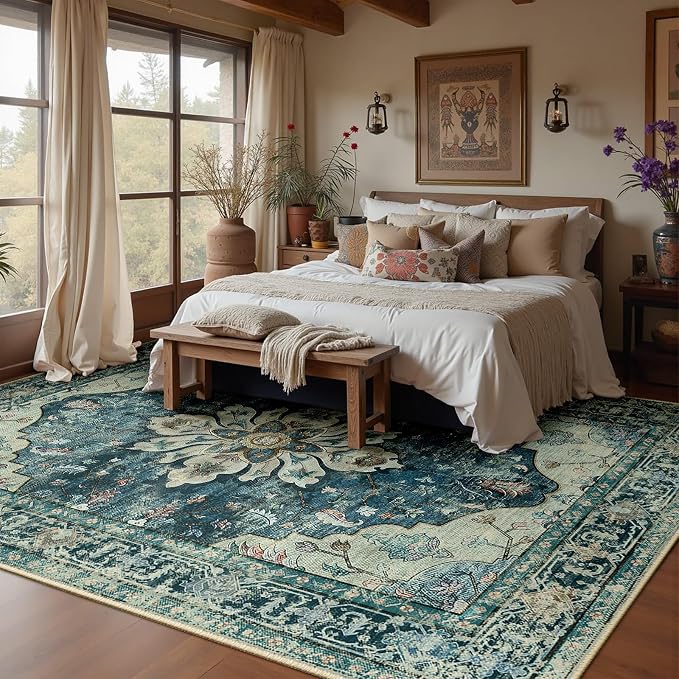RELEANY Washable Area Rug, Large 9'x12', Blue/Vintage Dark Blue | Non-Slip, Water Repellent, Pet Friendly, Easy to Clean, Vintage Floral Boho Decor for Living Room Bedroom Dining Room