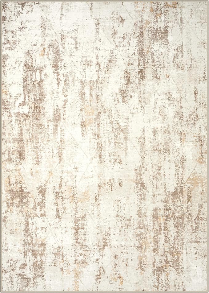 5x7 Area Rugs for Living Room: Washable Abstract Beige Grey Badroom Carpet | Non-slip TPE backing makes this washable soft low-pile rug safe & durable, Pet-friendly decor for dining room,nursery,office
