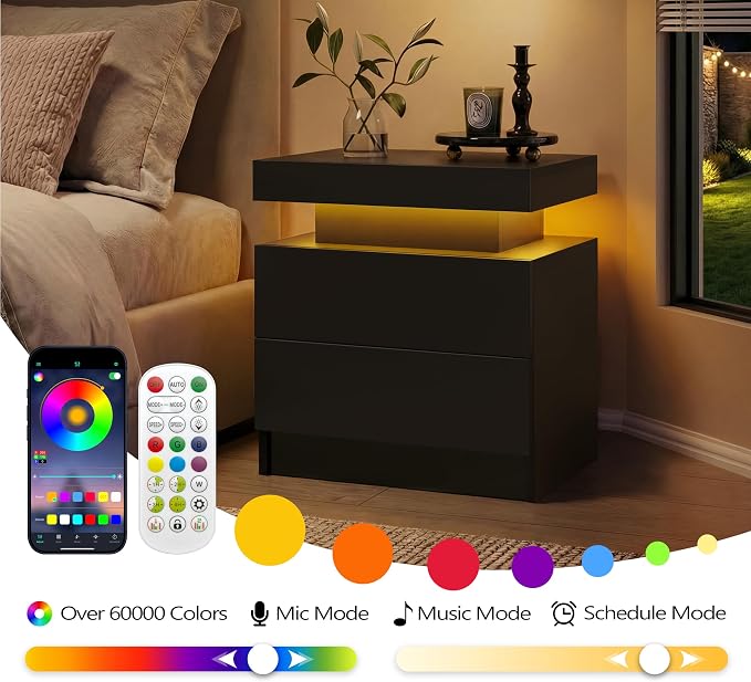 i-aplus Black Modern LED Nightstand Set of 2 with 2 Wood Drawer for Bedroom | Nightstands with App-Controlled RGB LED Lights, Night Stand with Storgae Drawer, Modern Bedside Table for Bedroom