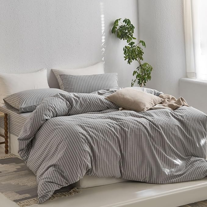 MooMee Striped Duvet Cover Set 100% Washed Cotton Linen Like | Relaxed Linen-like Texture. Soft, Breathable & Long-lasting Comfort. Lightweight. Hidden Zipper with 8 Interior Corner Ties