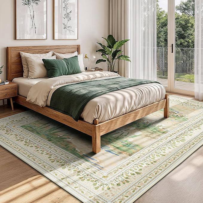Washable Area Rugs 9 x 12 for Living Room,Large Carpet Beige Sage | Durable Stain Resistant,Kid Pet Friendly,Compatible with All Vacuums,0.25inch Low Pile for Bedroom Dining Room Home Office