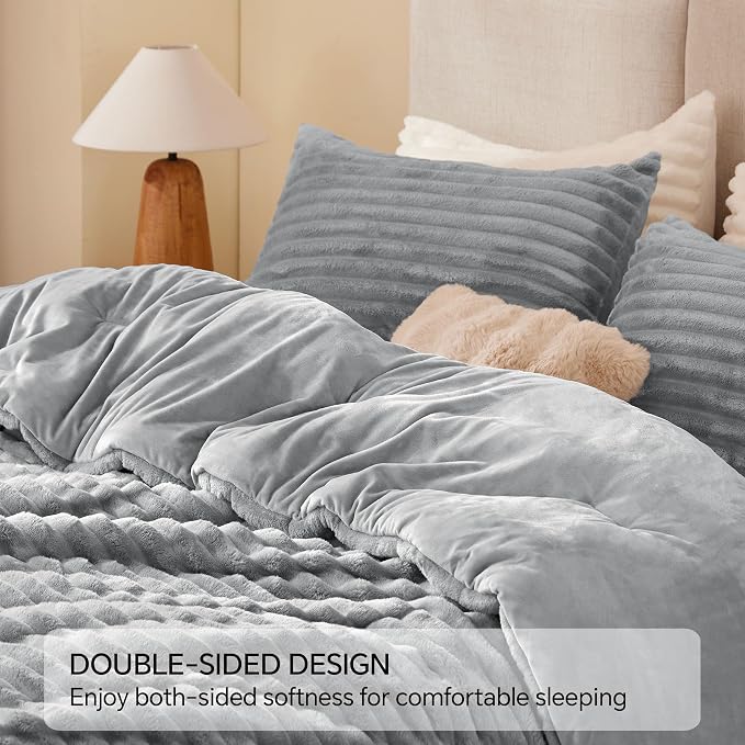 BEDELITE Fleece Twin/Twin XL Comforter Set, Fluffy Bed Set, Light Grey | Super Soft & Warm Bedding, Luxury Fuzzy Faux Fur Comforter for Winter, Heavy Plush Bedding, with 1 Pillowcase