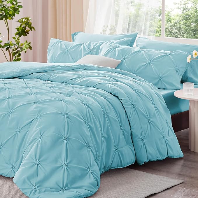 BEDELITE King Comforter Set Macaron Blue,Lightweight & Soft Comforter | Pintuck Boho Bedding, Warm & Cute Bed Set for All Season,With 2 Pillowcases