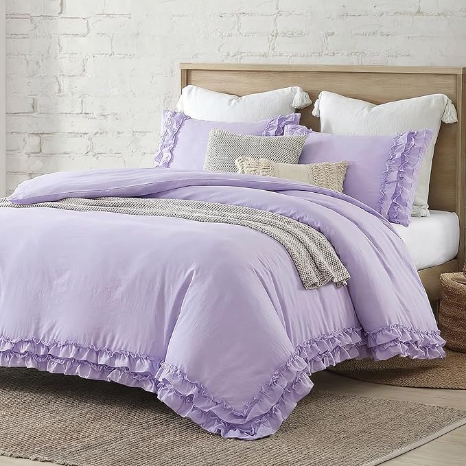 Bedrom Ruffled Duvet Cover King Light Purple Bedding Set Shabby Chic Lace Ruffle Bedroom Set Lilac Purple Aesthetic Boho Duvet Cover Set for Girls Women