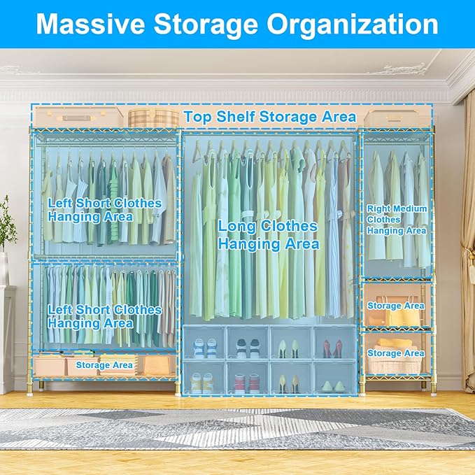 E10 Clothes Rack（With Stretchable Hanger Rod）Freestanding Clothing Racks for Hanging Clothes，Adjustable Closet Organizer System，Portable Garment Rack 73-97"W x 15" D x 72" H，Max Load 800LBS，Gold