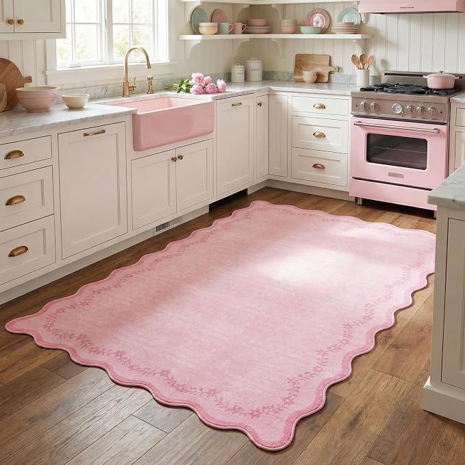 GarveeHome 3x5 Scalloped Washable Area Rug Non Slip Bedroom Entryway Rug | Soft Pink Kitchen Rug Low Pile Carpet Stain Resistant Throw Rug for Bedside Kids Room Office Dining Room