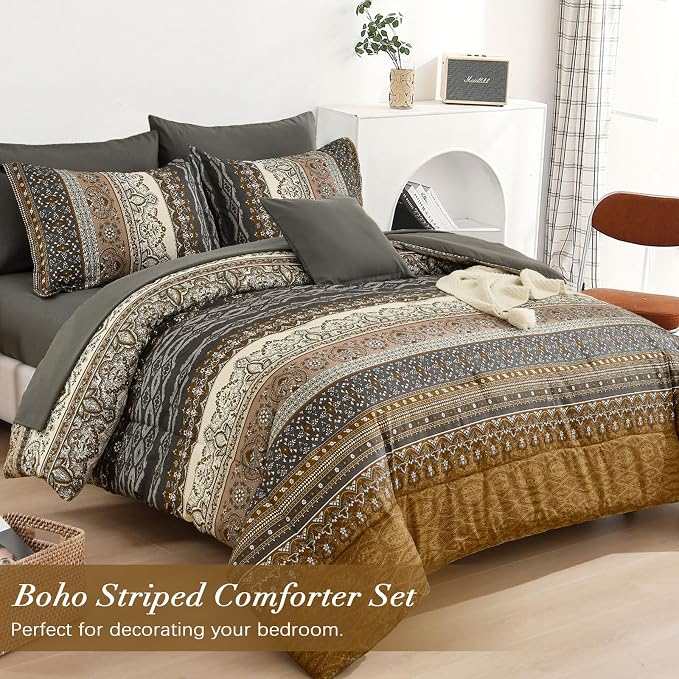 Cottolester Boho Comforter Set Full Size 8 Pieces,Brown Black Bohemian Comforter Paisley Striped Bed in A Bag,Soft Microfiber Bedding Set for All Season