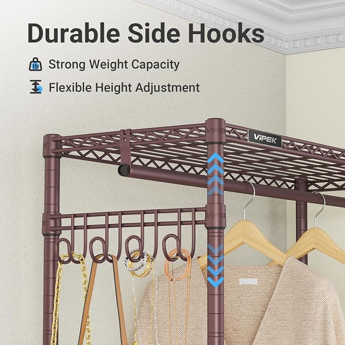 VIPEK R2 Plus Heavy Duty Clothing Rack Rolling Closet for Hanging Clothes | Lockable Silent Wheels, Double Hanging Rods, Adjustable Wire Shelving, Metal Side Hooks, Load 650lbs, for Entryway, Bronze