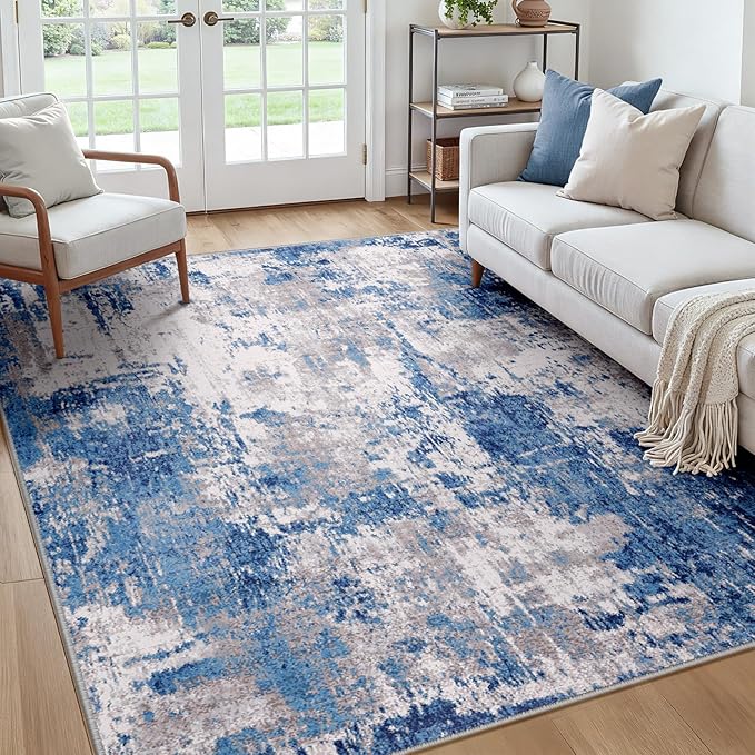 RELEANY Washable Square 7'x7' Area Rug for Living Room Blue Gray | Carpet for Bedroom, Kitchen, Office, Hallway and Entryway, Printed Pattern, Non‑Slip, Soft, Stain‑Resistant, Easy to Clean