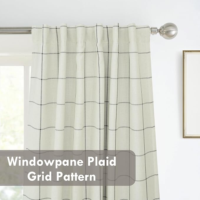 DriftAway 100% Blackout Plaid Linen Curtains 90 Inches Long 2 Panels Black | 100% Blackout, Linen Texture, Plaid Pattern, Two Layers, Rod Pocket & Back Tab, Bedroom Living Room Use, Luxury Appearance