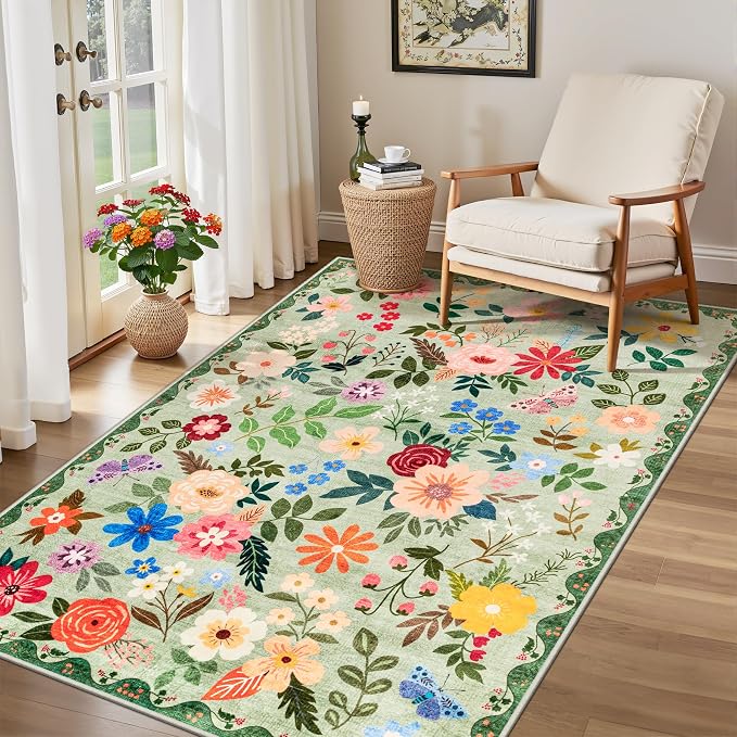 PLHXFR Area Rug Living Room: 3x5 Floral Washable Boho Soft Carpet Green | For Bedroom Dining Room Farmhouse Nursery Hallway,Vintage Floral,Machine washable,Non Slip,Stain Resistant,Large Indoor