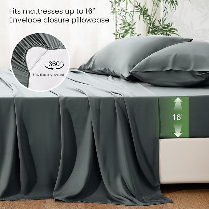 Love's cabin 4 Piece King Size Sheet Set, 100% Rayon Derived from Bamboo, Cooling & Breathable, Soft Silky Deep Pocket up to 16", Hotel Luxury Bedding for Hot Sleepers, Dark Grey