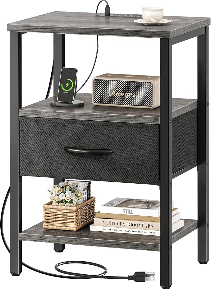 SUPERJARE Nightstand with Charging Station, Bed Side Table with Adjustable Fabric Drawer, Night Stand for Bedroom, 3-Tier Storage End Table, for Living Room, Charcoal Gray | Night Stand for Bedroom, with Adjustable Fabric Drawer, 3-Tier Storage End Tab...