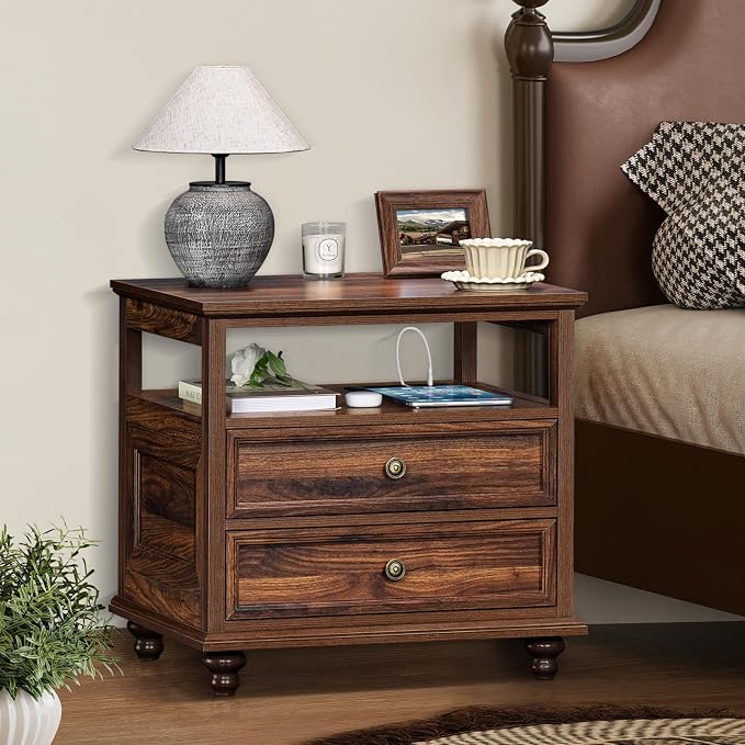 Joaxswe Farmhouse Nightstand with Charging Station, 24" Wide End Table with 2 Drawers,Brown Dresser for Bedroom, Bed Side Table Chest of Drawers Cabinet,Wood Night Stand for Living Room, Closet
