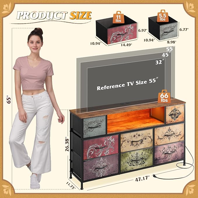 WLIVE LED Dresser TV Stand for 55 Inch TV, 8 Drawers, Pattern | Fits TVs up to 55 inch, 8 fabric drawers, LED chest of drawers, Built-in power outlet, Living room or bedroom