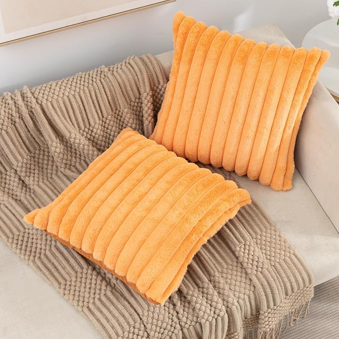 ZLINA Orange Striped Faux Fur Throw Pillow Covers 16 x 16 Inch | 2‑Pack, boho striped pillow covers,velvet back,fuzzy plush cushion covers , for sofa bed livingroom home decor