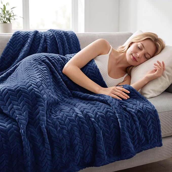 Exclusivo Mezcla Fleece Throw Blanket for Couch Sofa, 50”x70”, Navy Blue | Oversized Soft Cozy Fluffy Blankets for Summer, Decorative Plush Flannel Throws for Living Room, Bedroom with Leaves Pattern