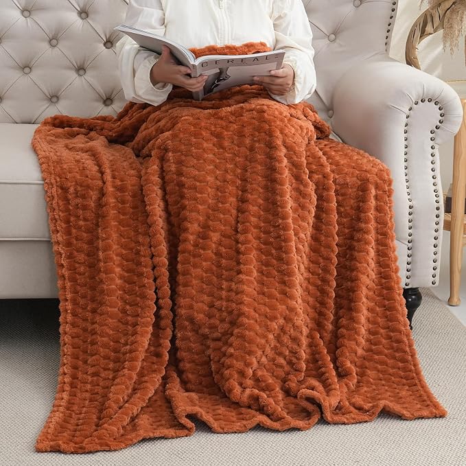 Puncuntex Burnt Orange Throw Blanket 50"×60" Fuzzy 3D Jacquard Decorative | Flannel Fleece Super Soft Plush Cozy Blanket for Couch Sofa Chair Lightweight