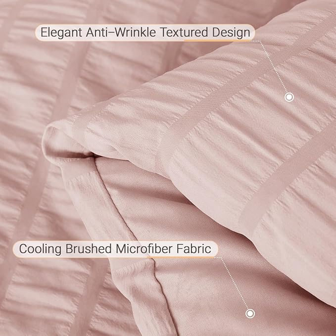 5 Pieces Twin Comforter Set, Seersucker Bed in a Bag Twin Size, All Season Luxury Bedding Set with Comforter, Flat Sheet, Fitted Sheet, Pillowcase & Sham, Rose Gold