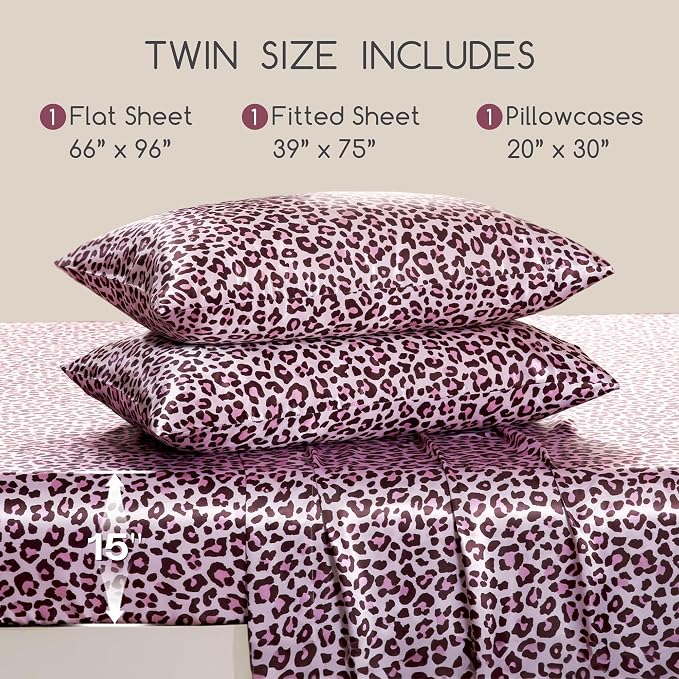 MR&HM Satin Sheets Twin Size with Elastic Corner Straps, Pink Leopard | Similar to Silk, 3-Piece Silky Soft Bed Sheet Set, Gentle on Skin and Hair, 15" Deep Pocket, Cooling & Breathable