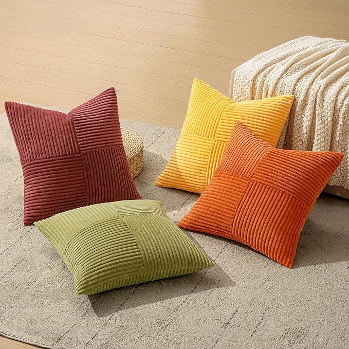 MIULEE Fall Yellow Orange Rust Throw Pillow Covers 18x18 Inch 4 Packs Boho Farmhouse Decorative Color-Clash Pillow Cases Soft Cushion Cases for Couch Sofa Bed Corduroy Striped Home Decor