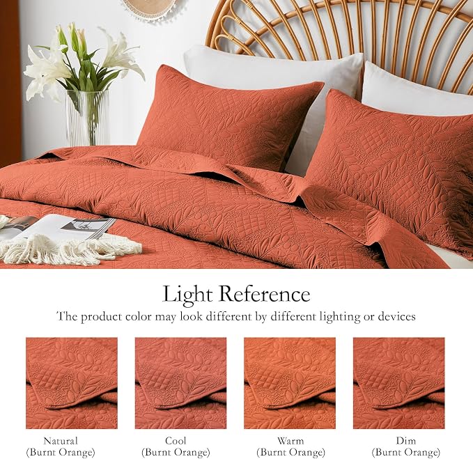 FLYMME Full Queen Quilt Bedding Set,Lightweight Burnt Orange Bedspreads,Vintage Olive Leaf Design,Ultra Soft Microfiber Bed Coverlet 3 Pieces for All-Season (1 Quilt,2 Shams)