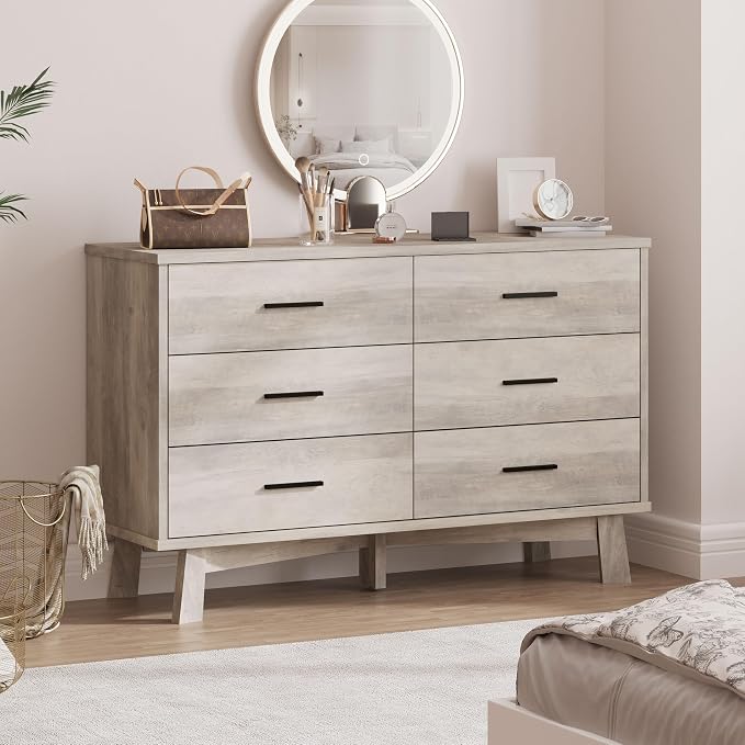 Xixini Dresser for Bedroom, 6 Drawer Wide Modern Chest of Drawers with X-Shaped Sturdy Base, Wood Double Dresser Closet Clothes Storage Organizer, Wooden TV Stand for Living Room, Hallway, Grey