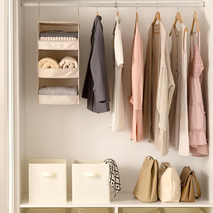 GRANNY SAYS 3-Shelf Hanging Closet Organizer, Foldable Storage, Khaki | 33 lb Capacity, No-Sag Support, Keeps Clothes Neat, Folds Flat, Fits RV, Dorm & Small Closets