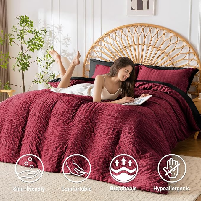 HYMOKEGE Rose Gold/Light Grey Twin Size Duvet Cover, Ultra Soft 2-Piece Seersucker Duvet Cover Set with Zipper Closure, Soft Brushed Microfiber Bedding Set with 8 Corner Ties (68"x90", 1 Pillowshams)